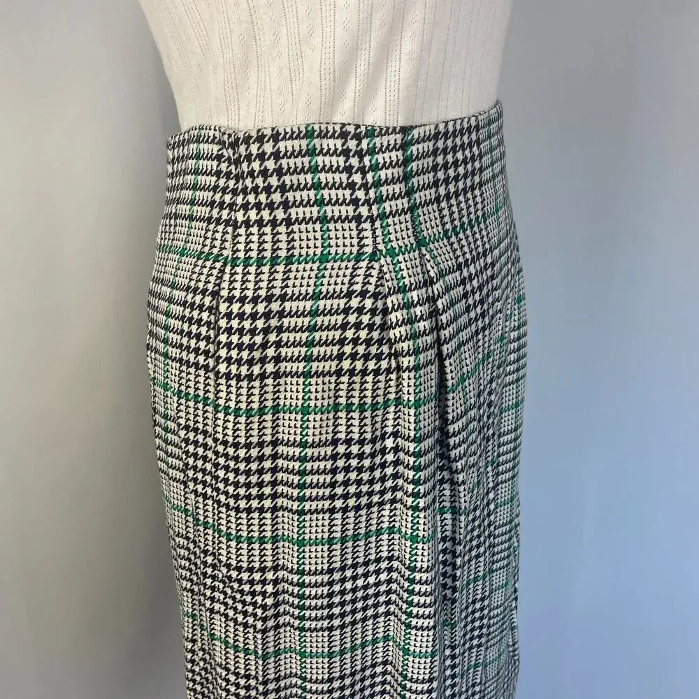 Vintage Midi Skirt Size 12 Black White Green Houndstooth Preppy Academia 80s 90s